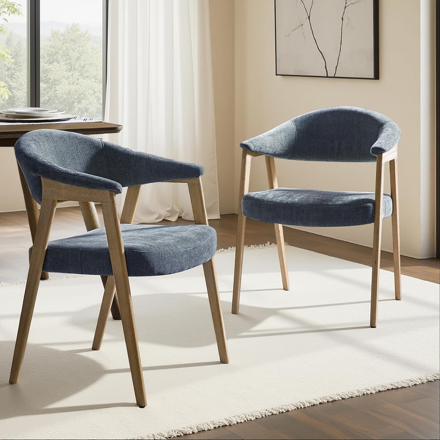 HULALA HOME Mid-Century Modern Dining Chairs Set of 2, Wooden Upholstered Kitchen Chairs with Armrest, Curved Backtrst & Wood Legs Armchairs Accent Chairs for Dining Living Room - Navy