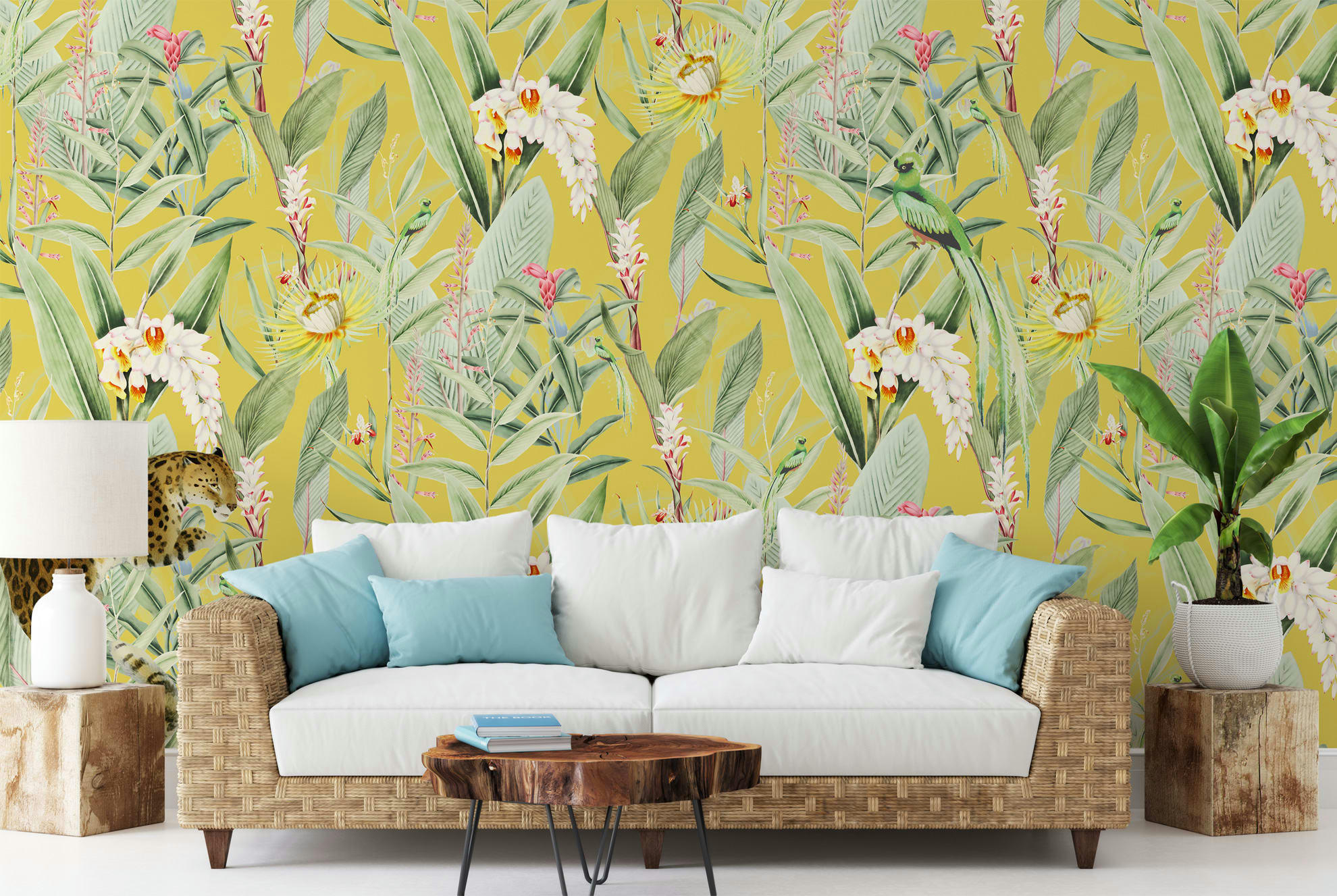 - Papier peint panoramique motifs fleur jardin tropical canari 425x260cm