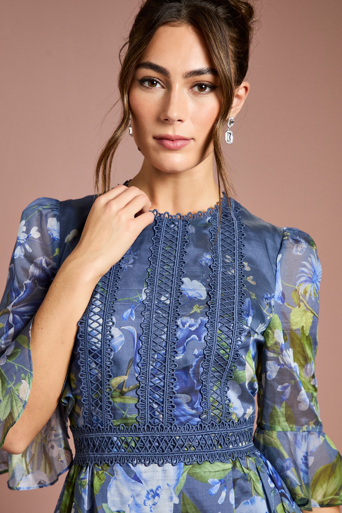 Coast Placement Print 3/4 Sleeve Organza Midi Dress