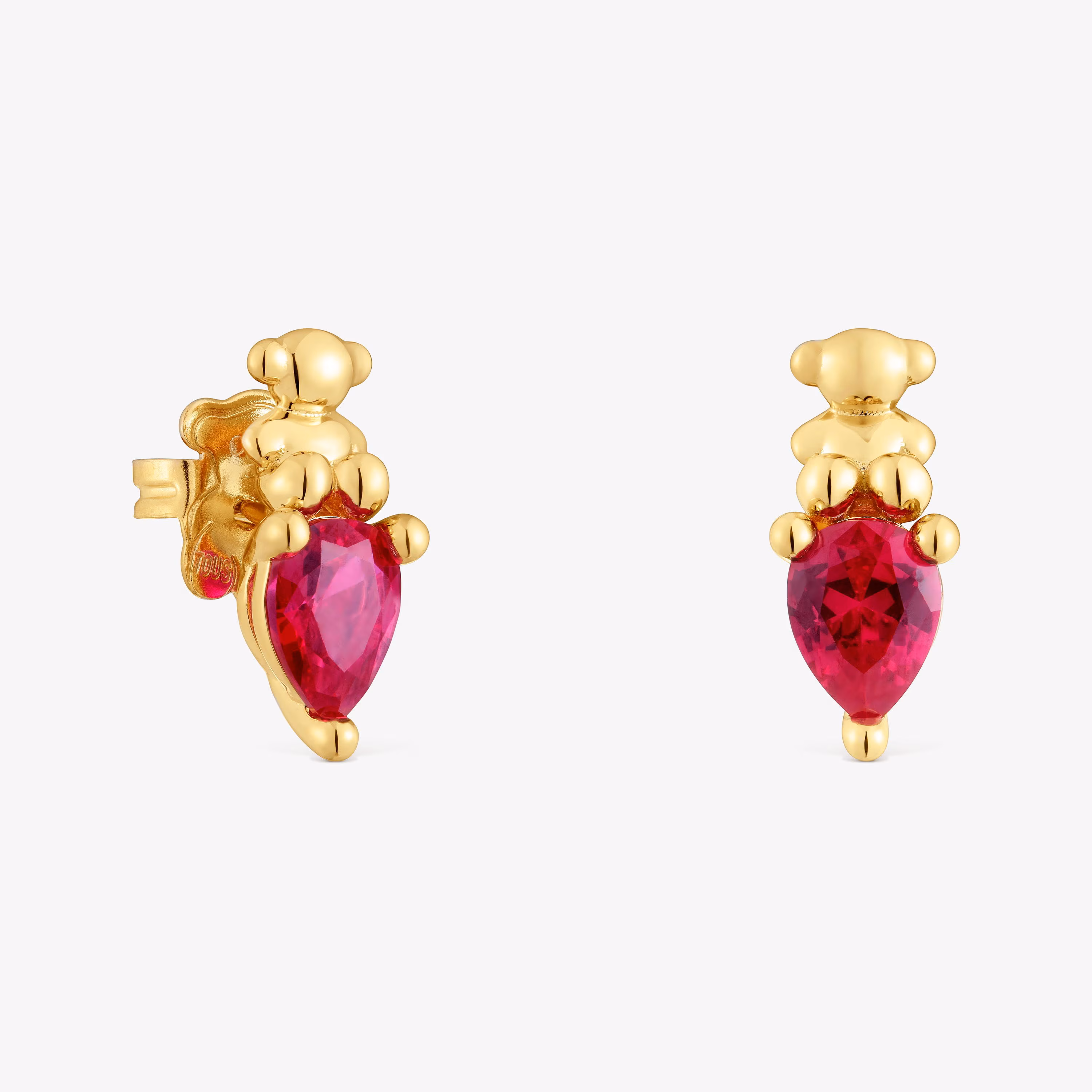 Pendientes motivo oso con baño de oro 18 kt sobre plata y rubí creado en laboratorio Bold Bear LGG