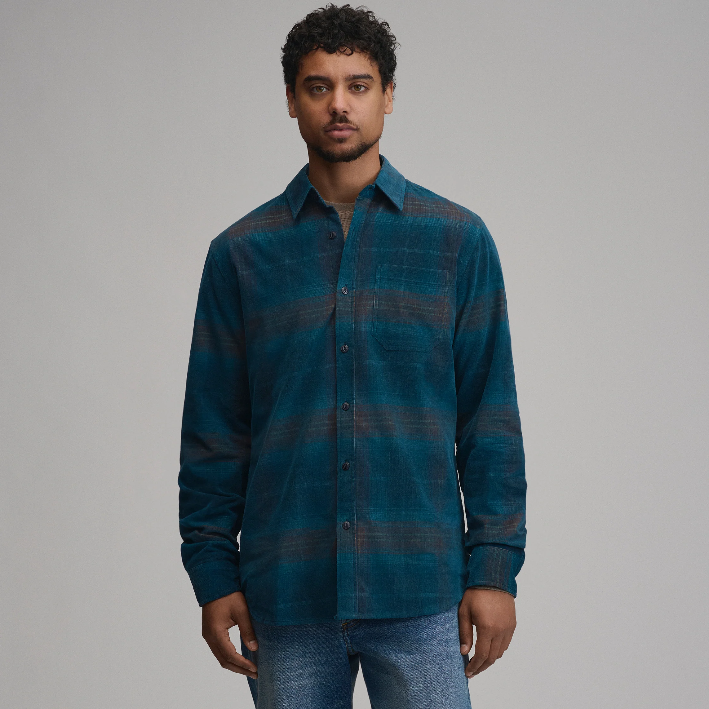 Men's Long-Sleeve Fine Wale Corduroy Shirt - Plaid