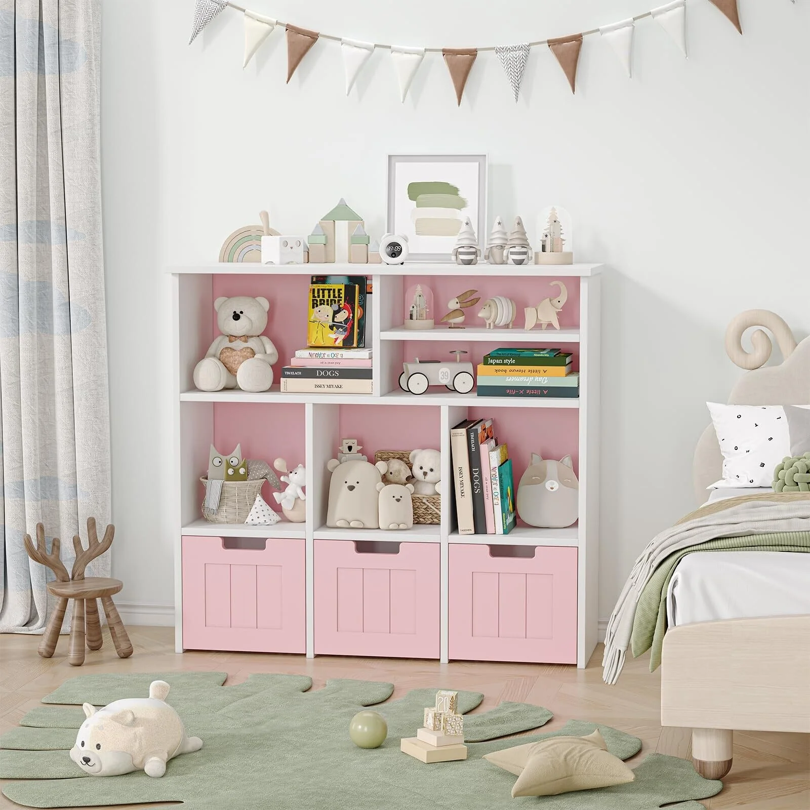 3-Tier Toy Storage Cabinet and Bookcase, Multi Shelf with Cubby Organizer Cabinet