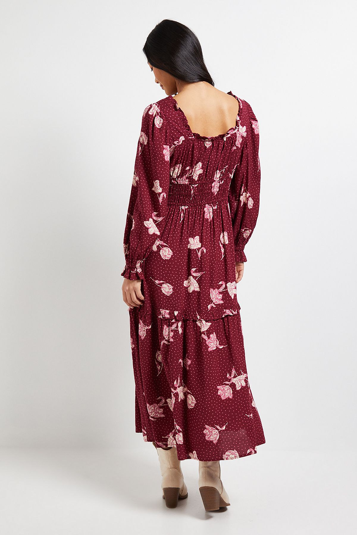 Dorothy Perkins Petite Berry Floral Square Neck Blouson Sleeve Tiered Maxi Dress
