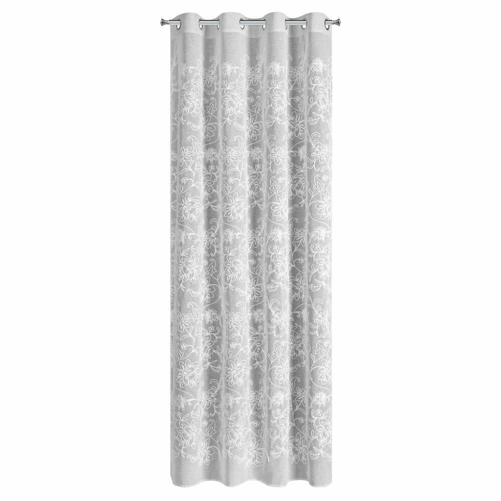 Zasłona LILY 140x250 cm biała haftowane kwiaty przelotki