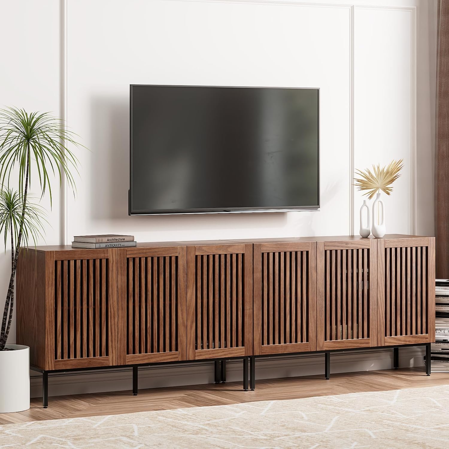 BVIUNTWO Farmhouse TV Stand for TVs up to 100 inch, 2 in 1 Entertainment Center TV Console with Storage Cabinets and Metal Base,Brown Media Console for Living Room