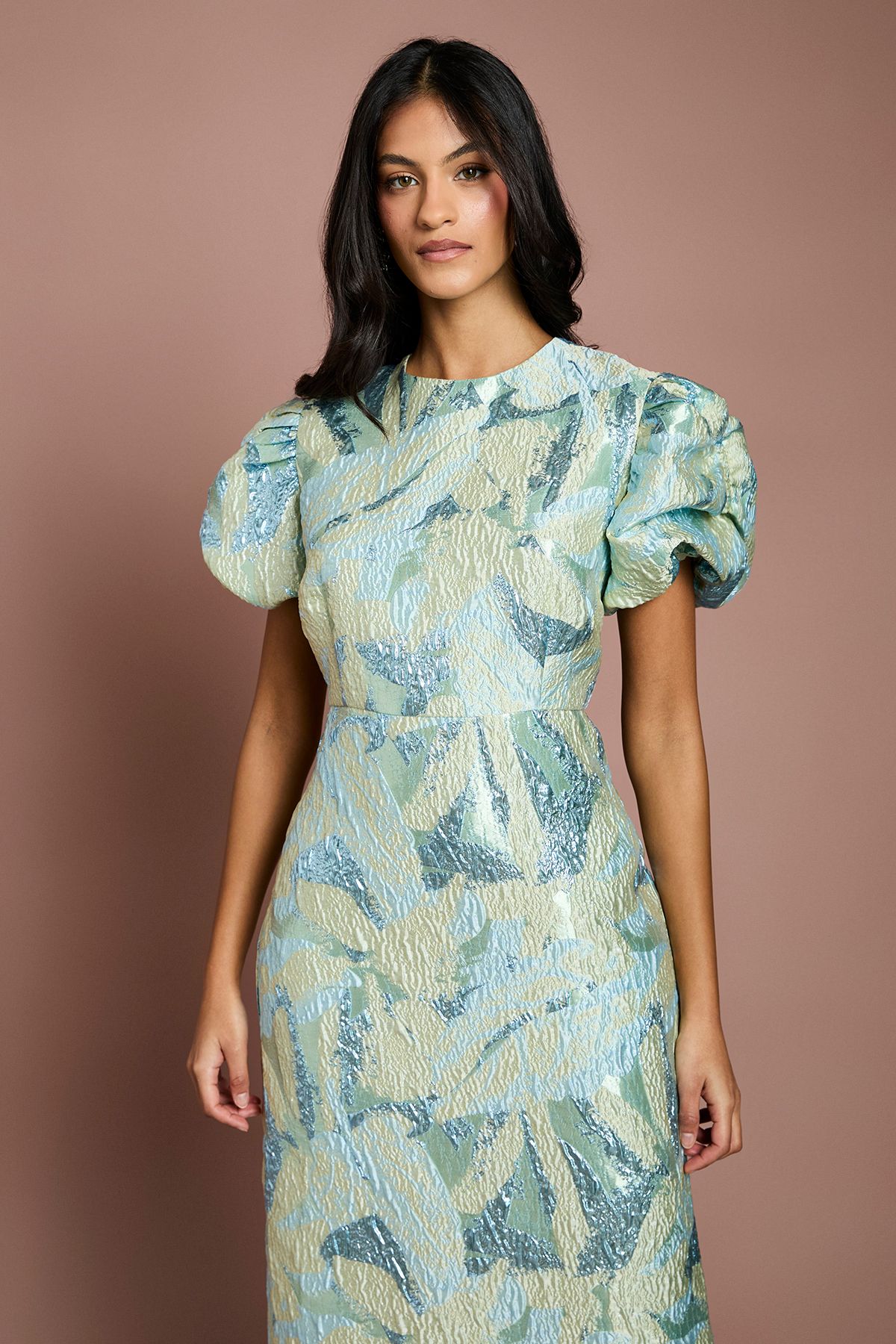 Coast Petite Metallic Jacquard Puff Sleeve Pencil Dress