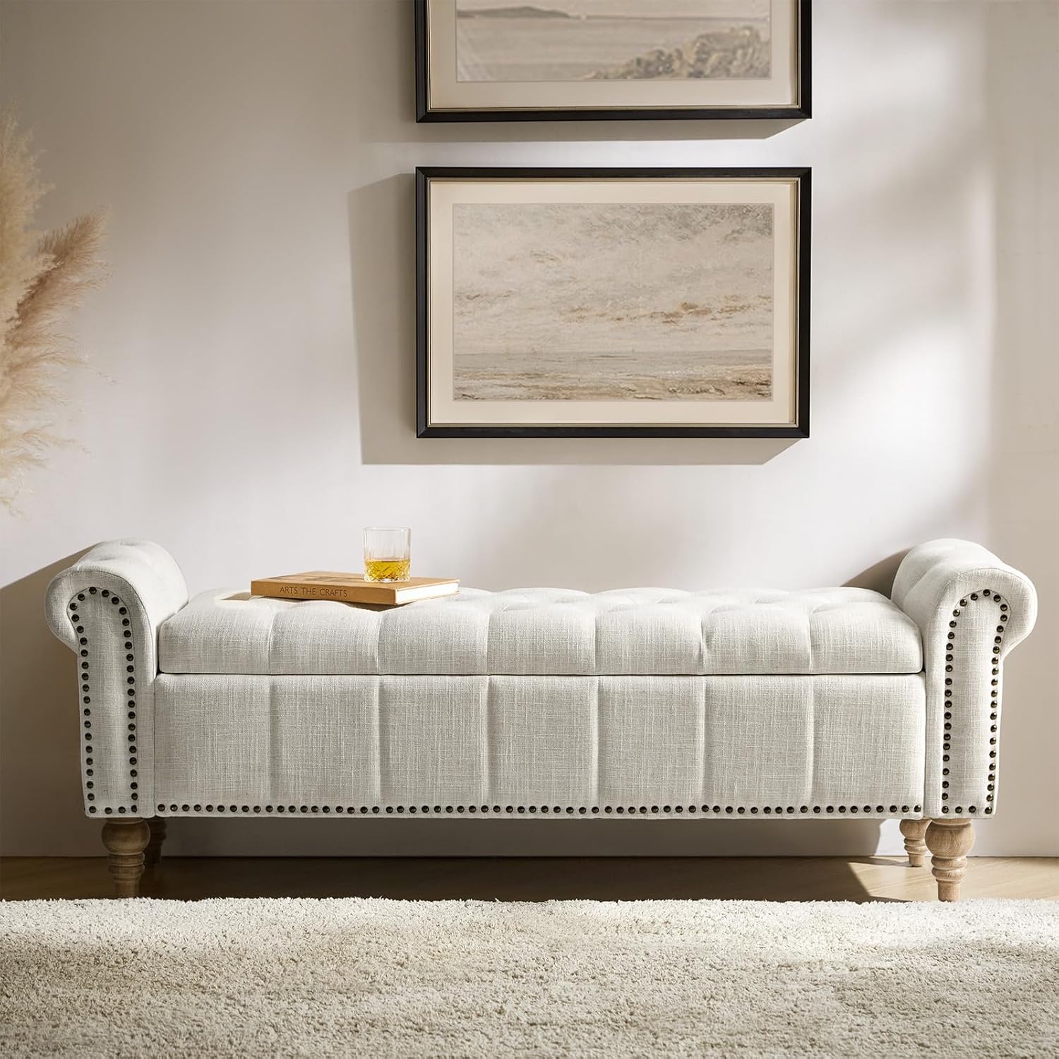 HULALA HOME Farmhouse Upholstered Storage Bench, End of Bed Bench with Vintage Button Tufted Design(Ivory)