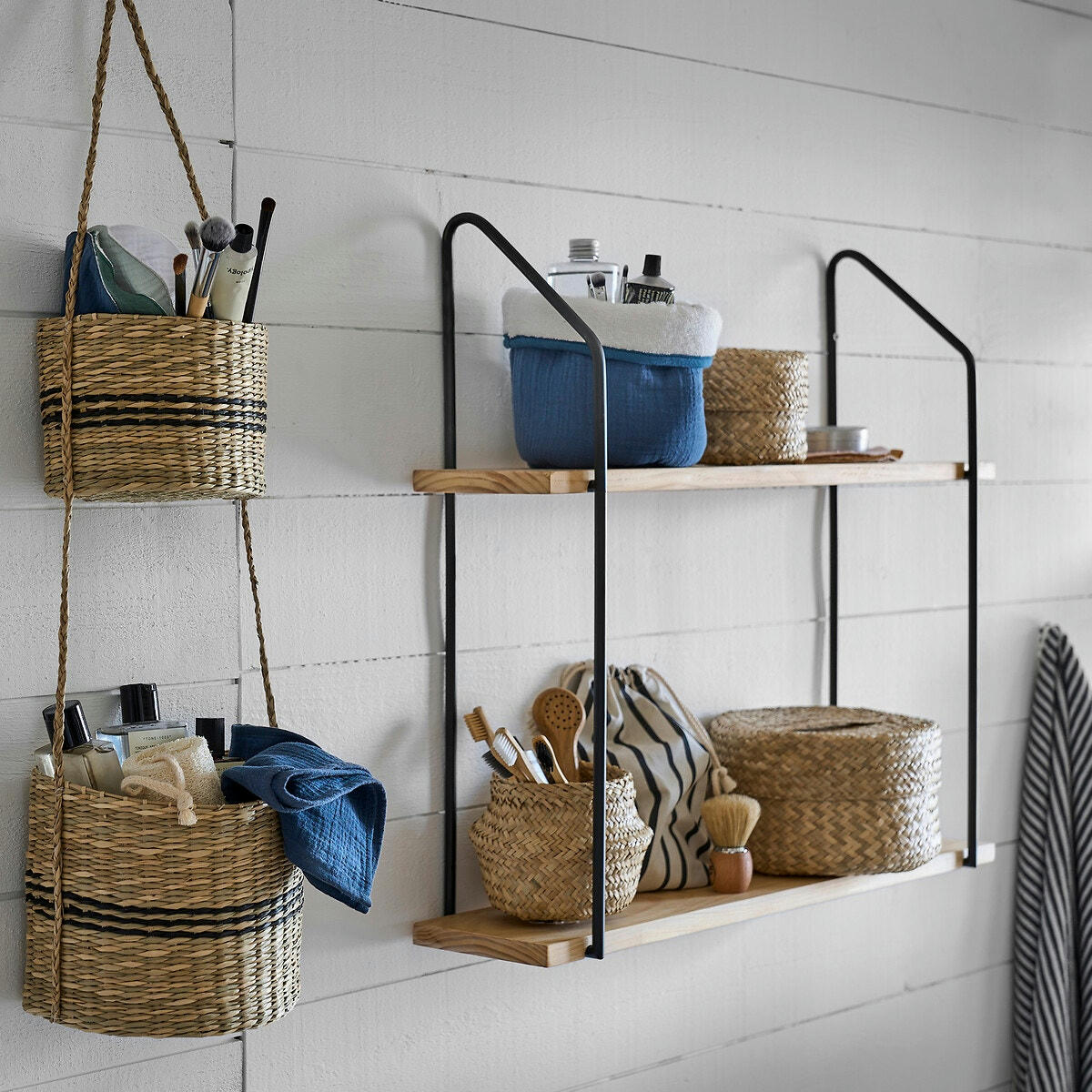 Étagère murale double bois métal fer L65 cm, Vinto