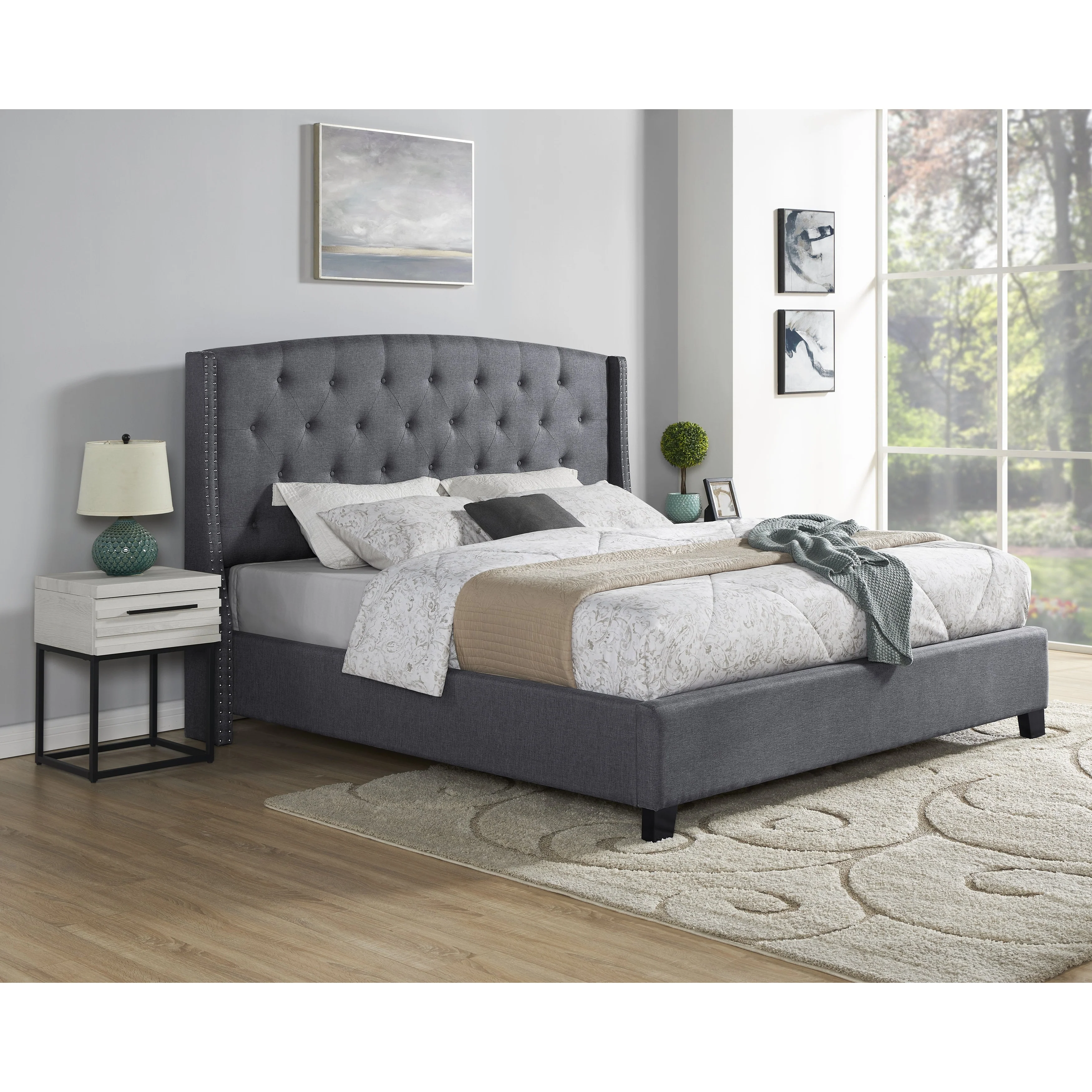 3-Piece Upholstered Bedroom Set, Tufted Wingback Bed with Two Nightstands