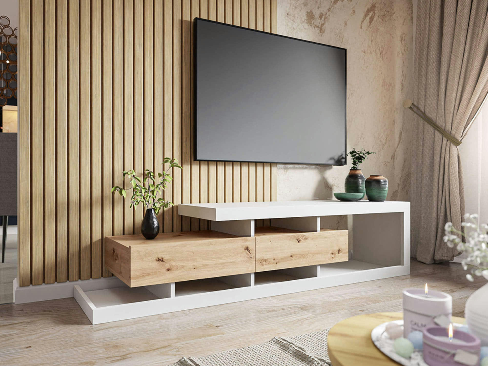 OLGA - Meuble TV style scandinave 198 cm bois / blanc