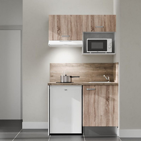 Kitchenette K02 façades Bois - Plan de travail Bois - Crédences : Oui - Evier inox - Electroménager Blanc inclus