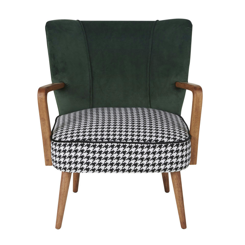 Meyer - Fauteuil vintage en velours vert motifs pied de poule