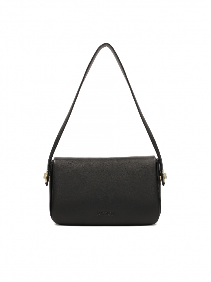 Black handbag with striking pinned strap