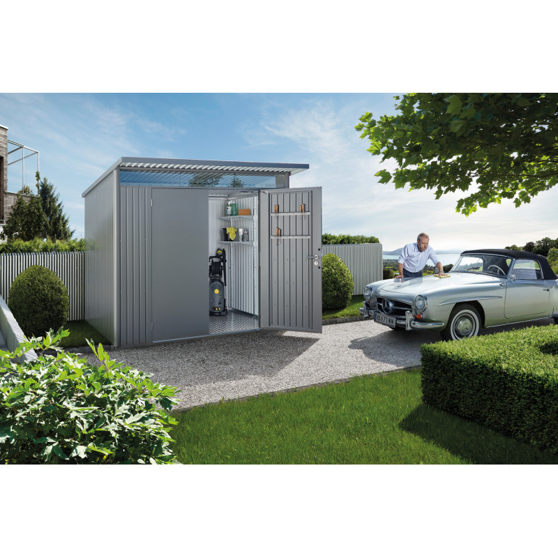 Abri de jardin en métal AvantGarde double porte gris métallisé 2,6 x 2,2 x 2,18 m BIOHORT