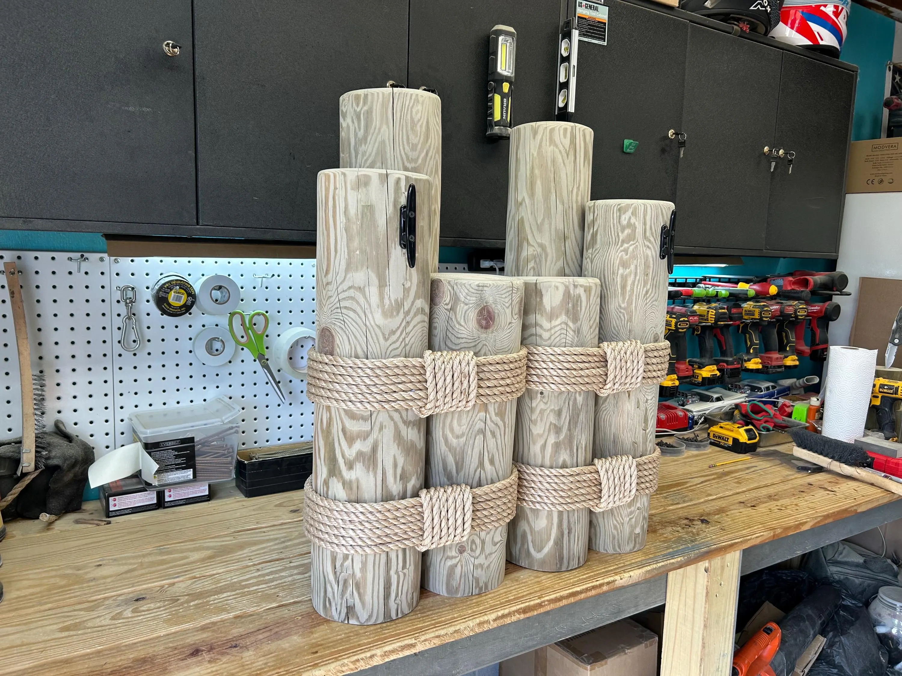 Beautiful Set of Large 28” Shore Pilings with our Signature Rope Work. Right side and Left side Pilling