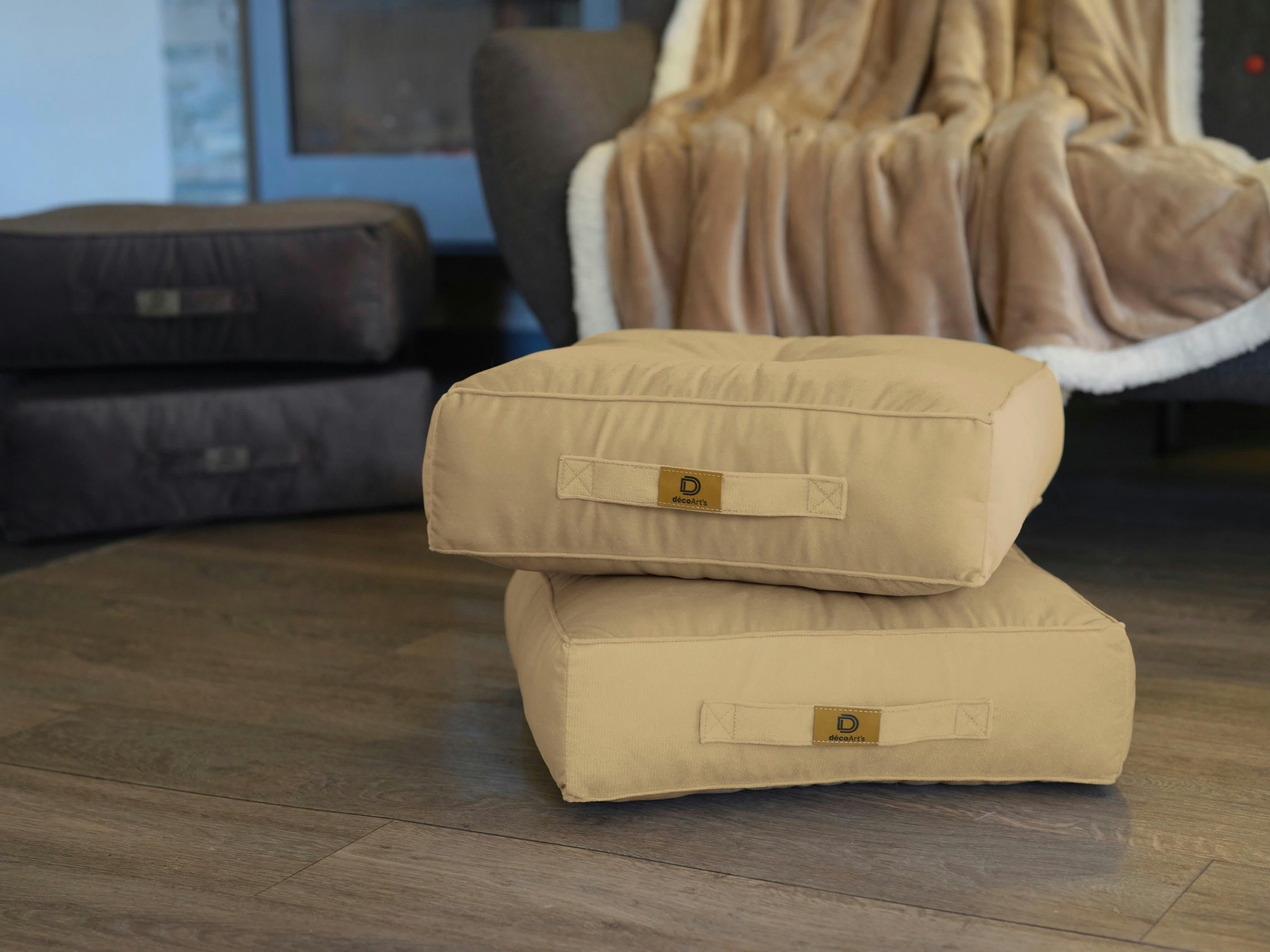 - Pouf en velours 40 x 40 x 14 cm lot de 2 - Creme