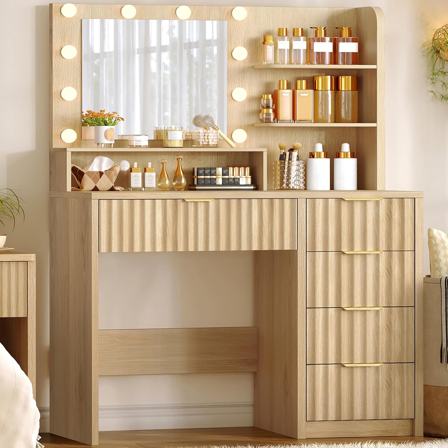 Vanity Desk with Mirror and Lights, Makeup Vanity with 5 Drawers & Storage Shelves, 3 Color Modes & Adjustable Brightness, Fluted Vanity for Girls, Natural