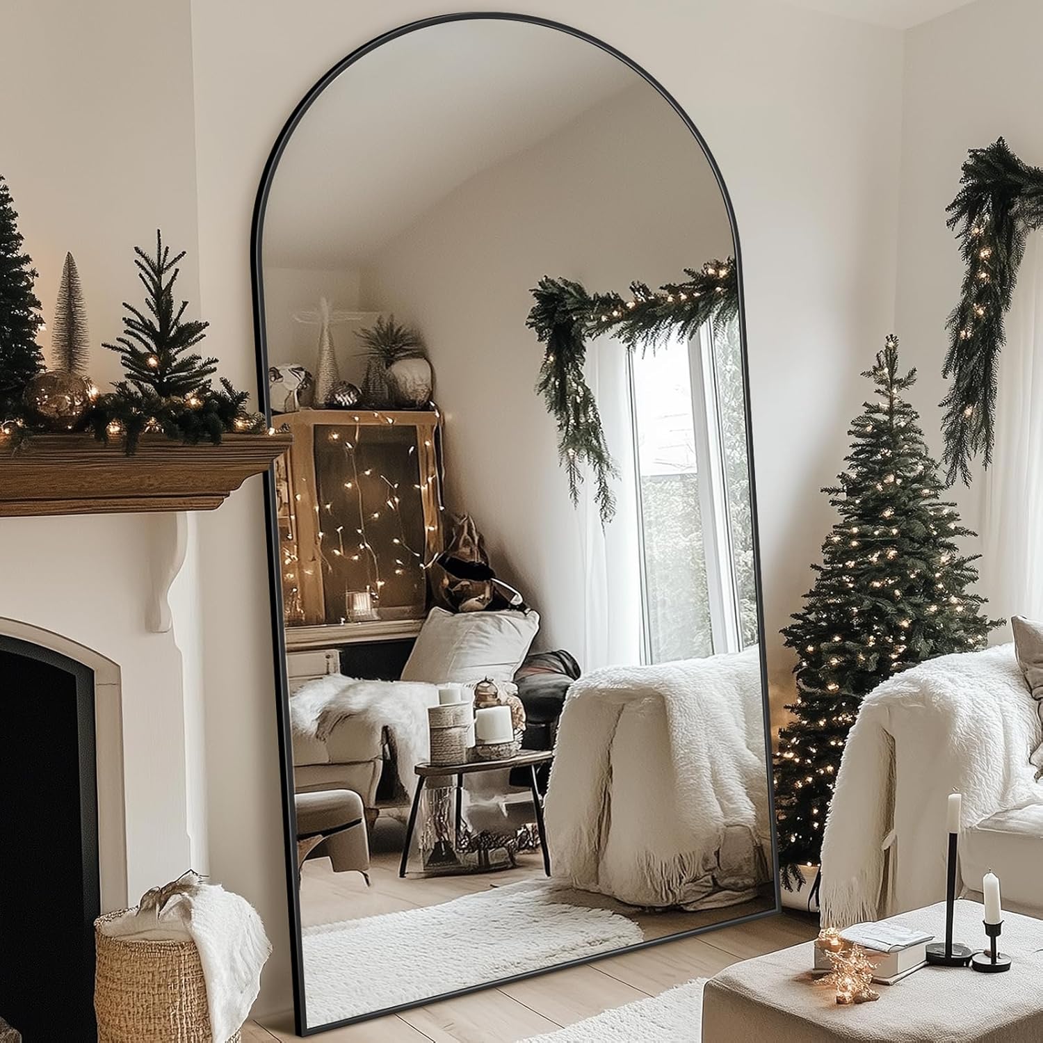 Full Length Mirror, 83x44 Floor Mirror Freestanding, Oversized Floor Standing Full Body Mirror with Stand for Bedroom, Hanging Mounted for Living Room Cloakroom, Black, Arched