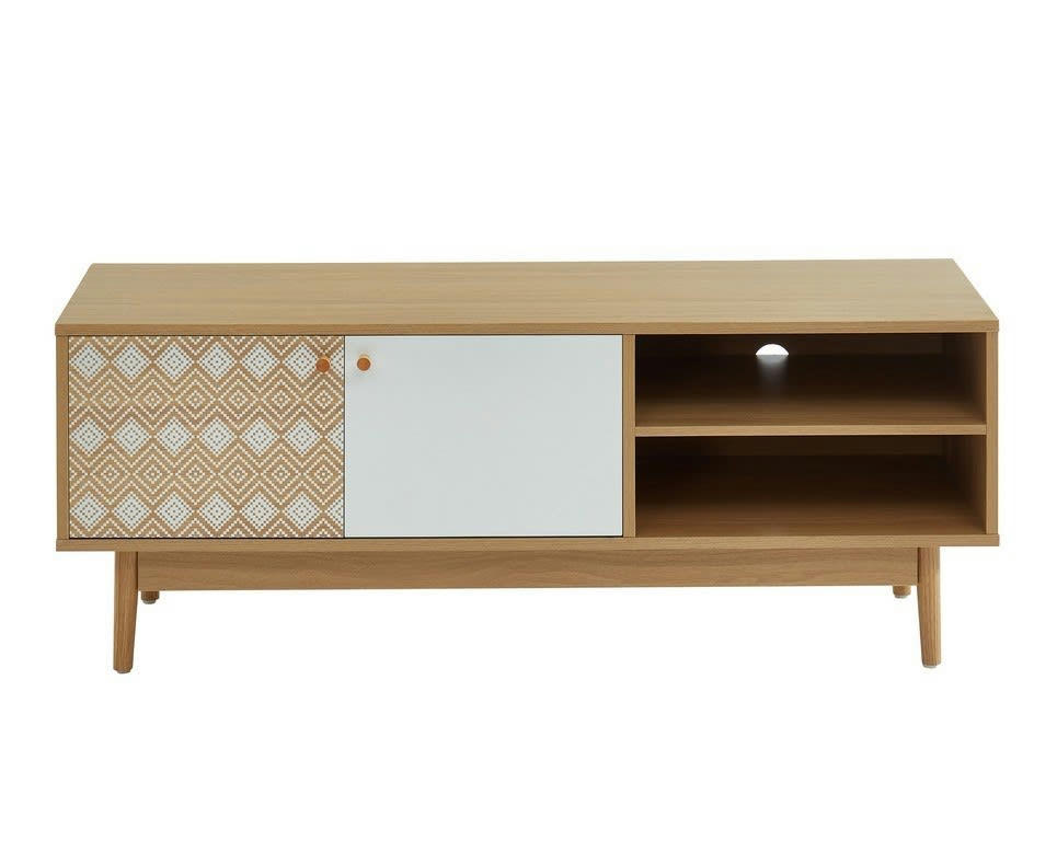 LEIKA - Meuble tv   blanc et effet bois et chêne  2 portes 120cm