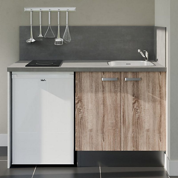Kitchenette K17 - 140 cm - Façades : Bois - Plan de travail : Gris - Crédences : Oui - Evier