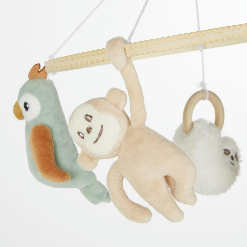 - Mobile musical bébé blanc, jaune moutarde, vert, corail et marron