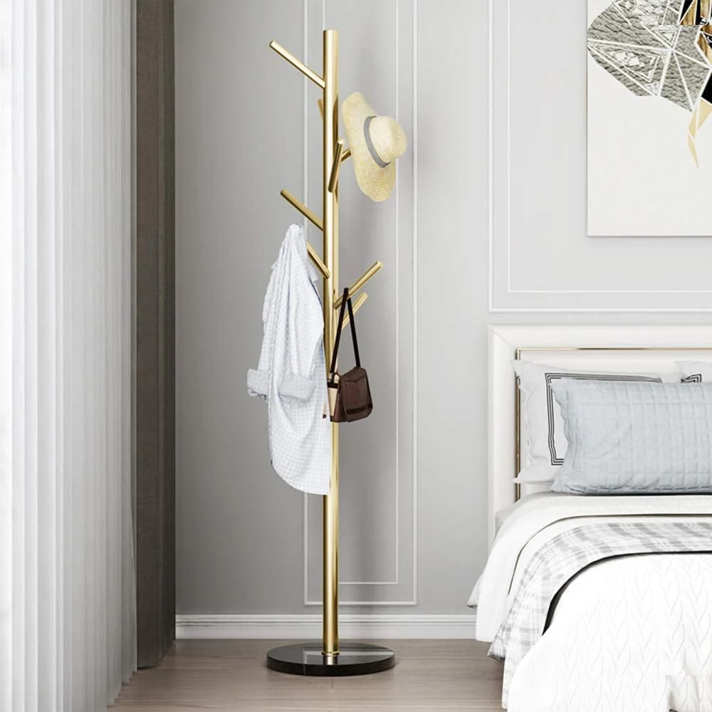 Metal Coat Rack Stand Golden Satin Steel Finish Stable Marble Base, High-Grade with Hooks Metal Tree Hat & Coat Hanger