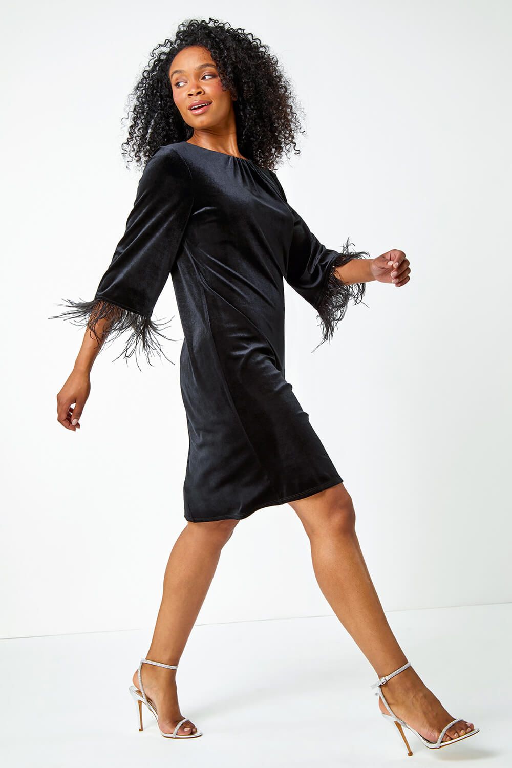 Roman Petite Velvet Feather Trim Shift Dress