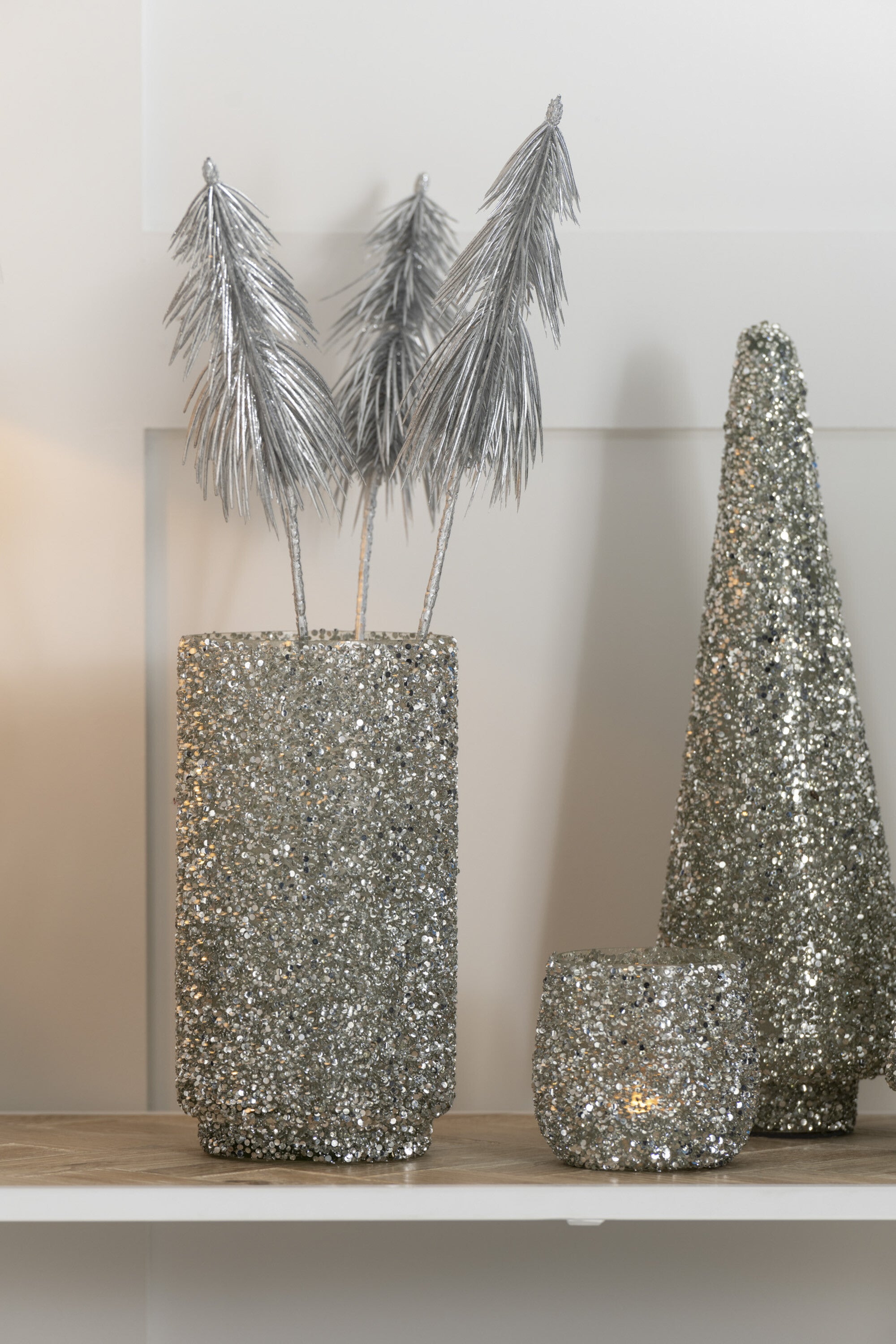 J-Line tak Dennenboom Glitter - kunststof - zilver - 24 stuks