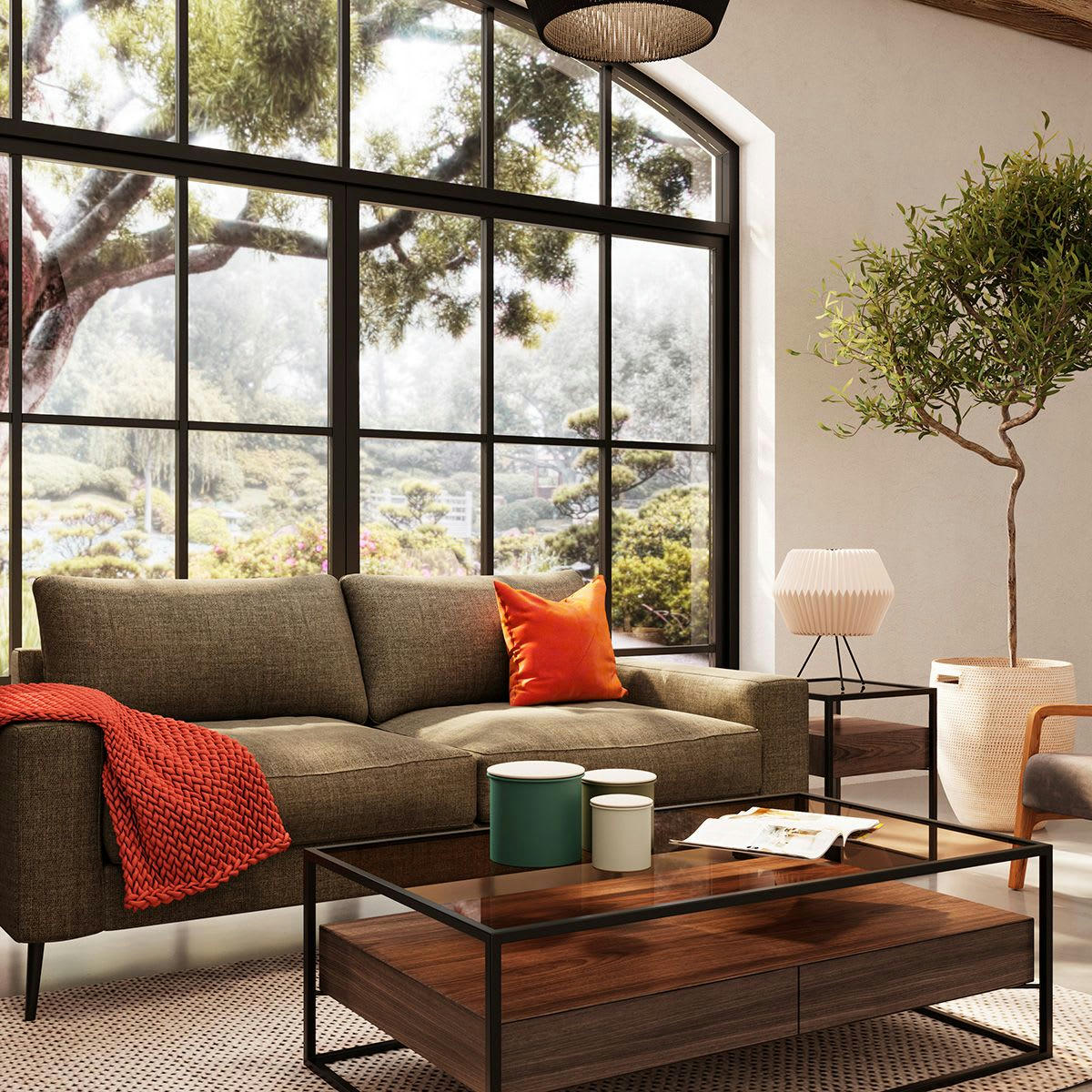 HELIX - Table basse en métal verre et plaquage noyer 2 tiroirs