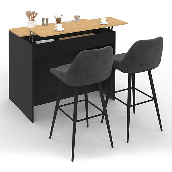Ilot central CESAR 110 cm avec tablette relevable rectangulaire bois noir et façon hêtre