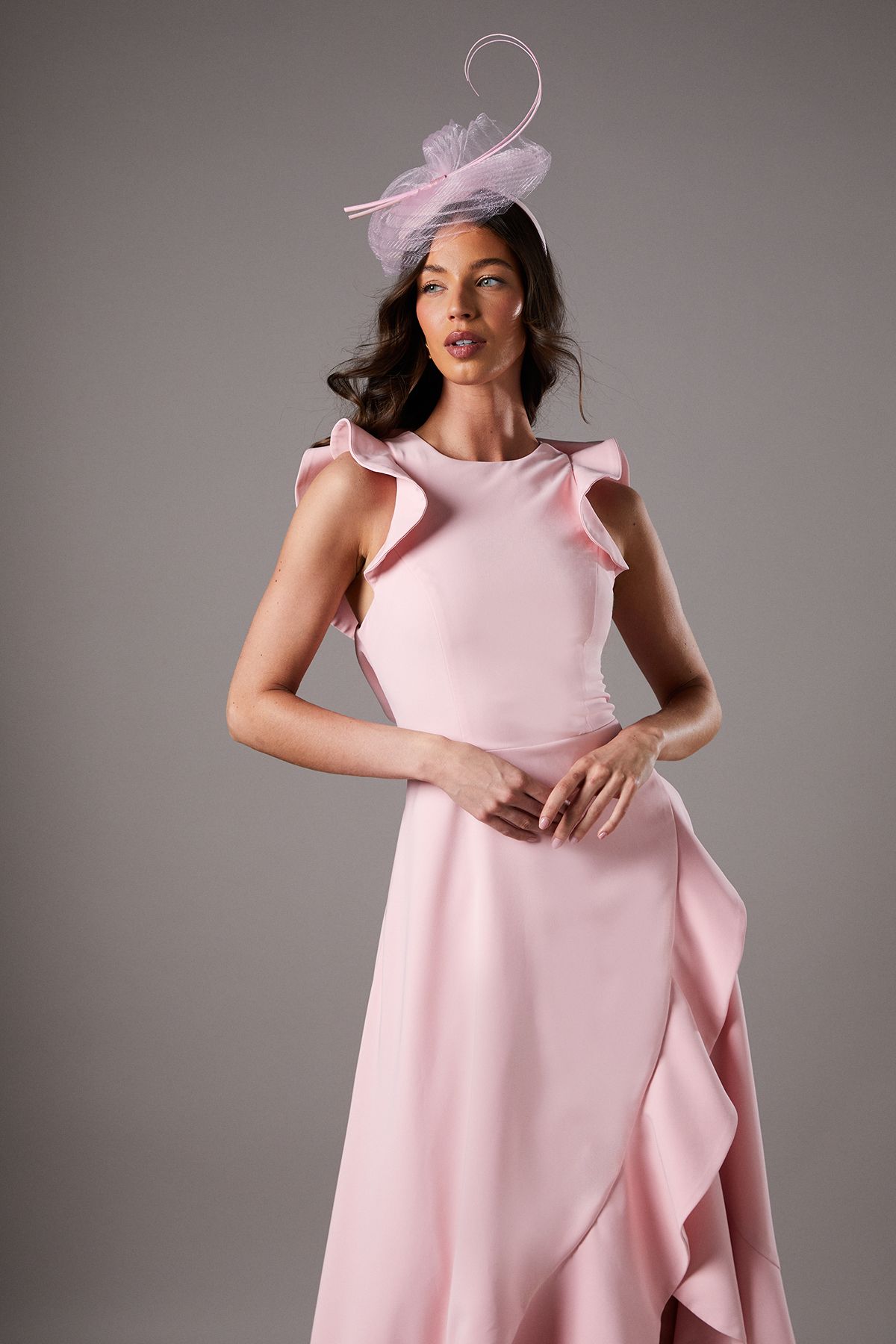 Coast Lisa Tan Ruffle Round Neck Crepe Midi Dress