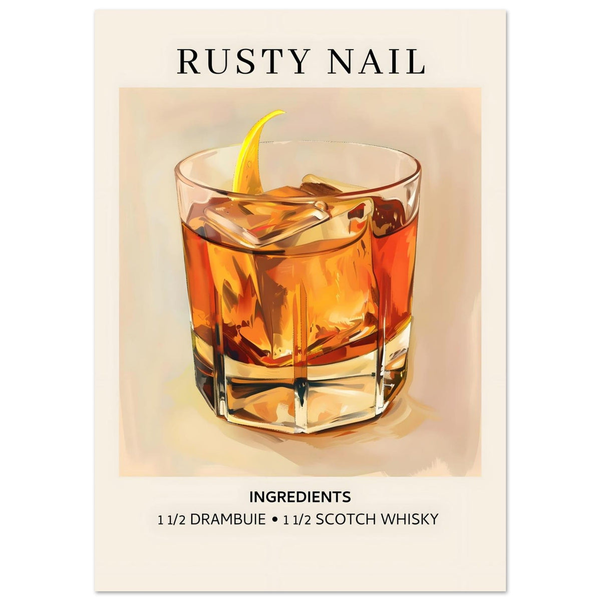 Artfulprints Poster Rusty Nail cocktail - Ingredients  - A4 21x29.7 cm - Bruin