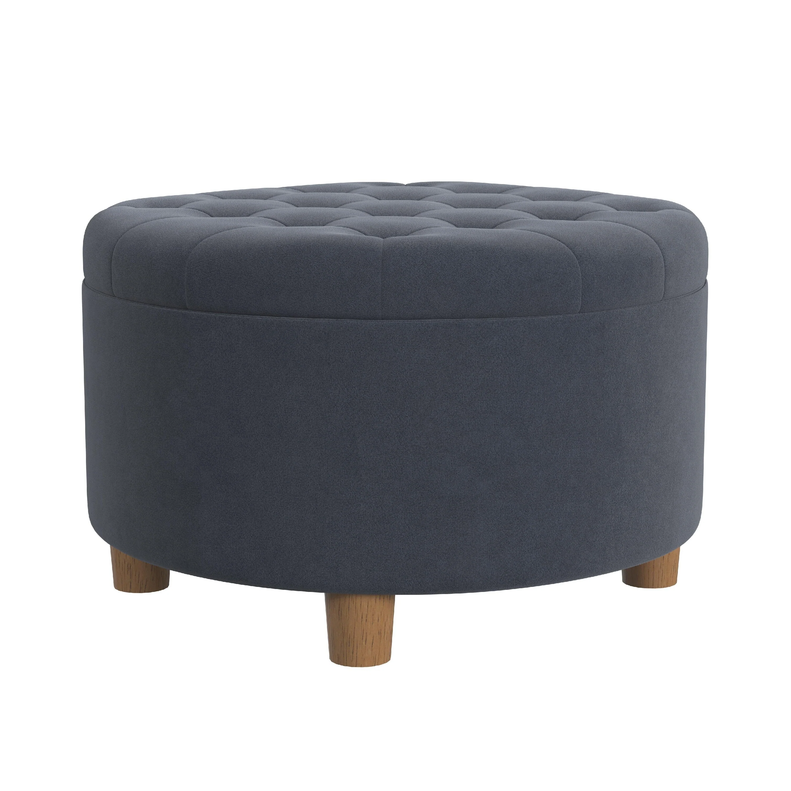 Jo Storage Ottoman, 28 Inch Round Tufted Lift Top, Steel Blue Velvet