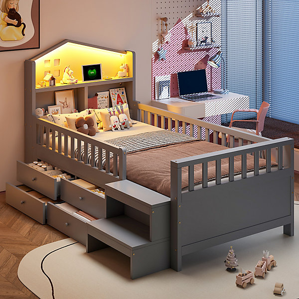 Lit enfant 90x200 cm en Bois Massif avec 4 Tiroirs de Rangement et éclairage LED - Sans Matelas - Gris