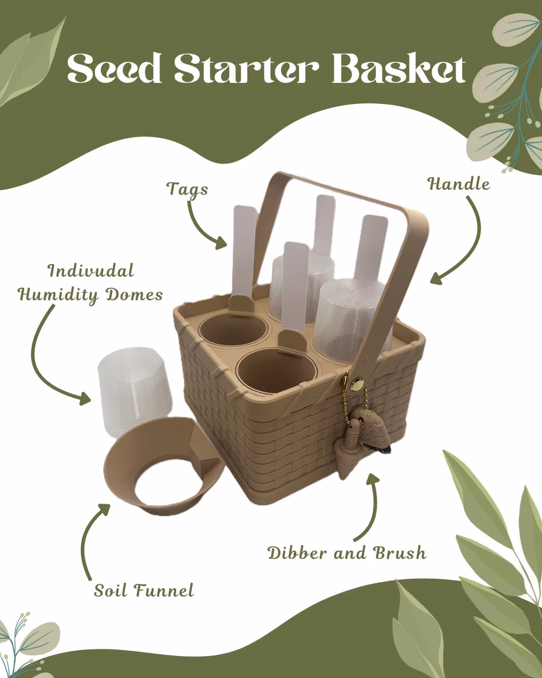 Self-Watering Seed Starter Basket - 4 Cell, 3D Printed, Latte Brown, Wicker Design, Beginner Friendly