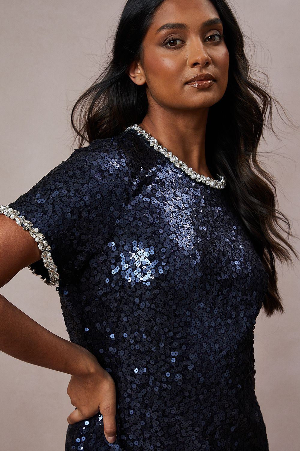 Oasis Occasion Sequin Shift Dress With Diamante Trim Detail
