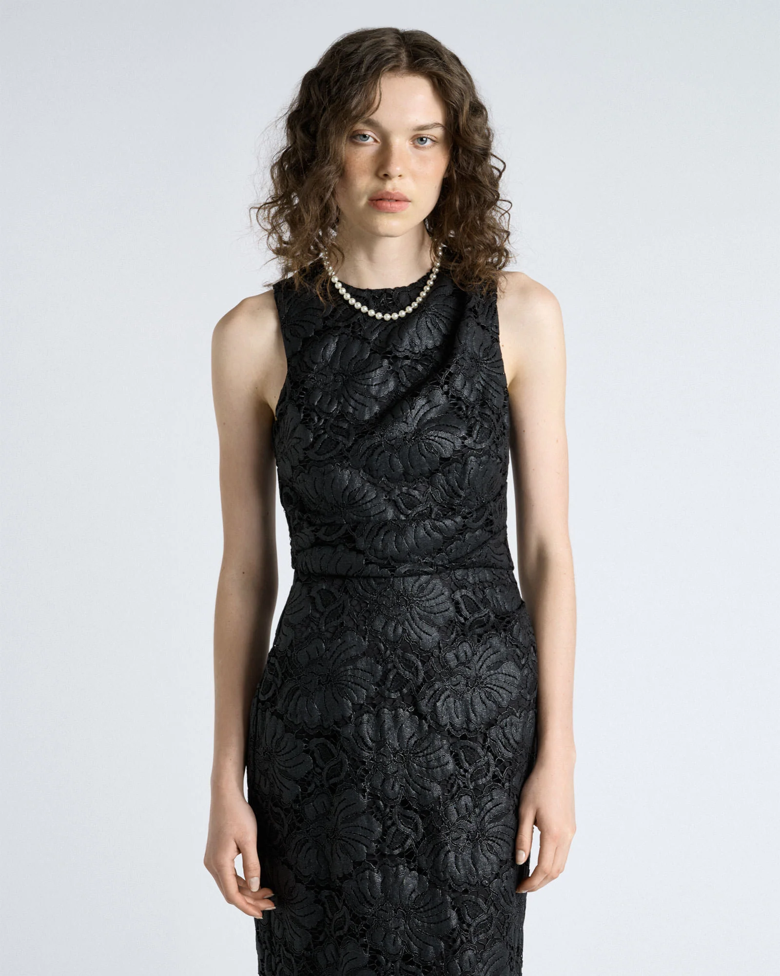 European Coated Lace Column Dress