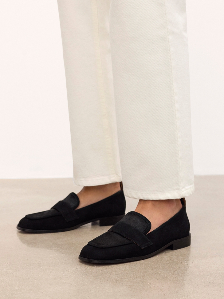 Black suede and leather loafers with bristles