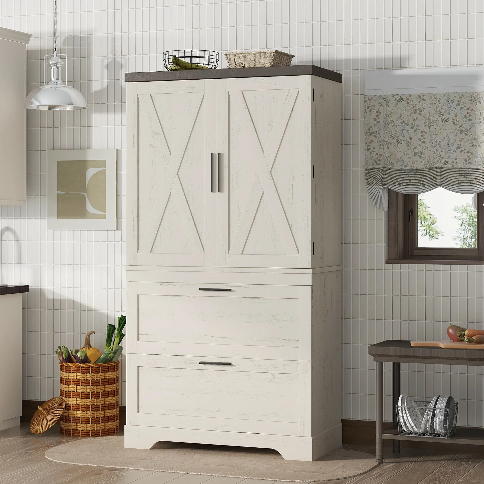 Farmhouse Wooden Storage Cabinet Buffet Cabinet, X-shaped Barn Door Sideboard with Shelves & 2 Large Drawers