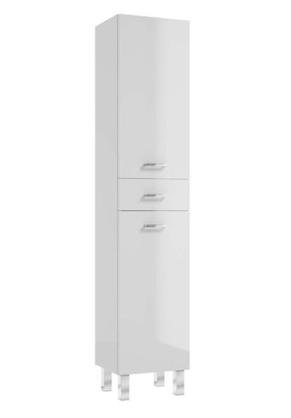 Słupek łazienkowy biały połysk 170x35 cm, półki i szuflada, nowoczesny