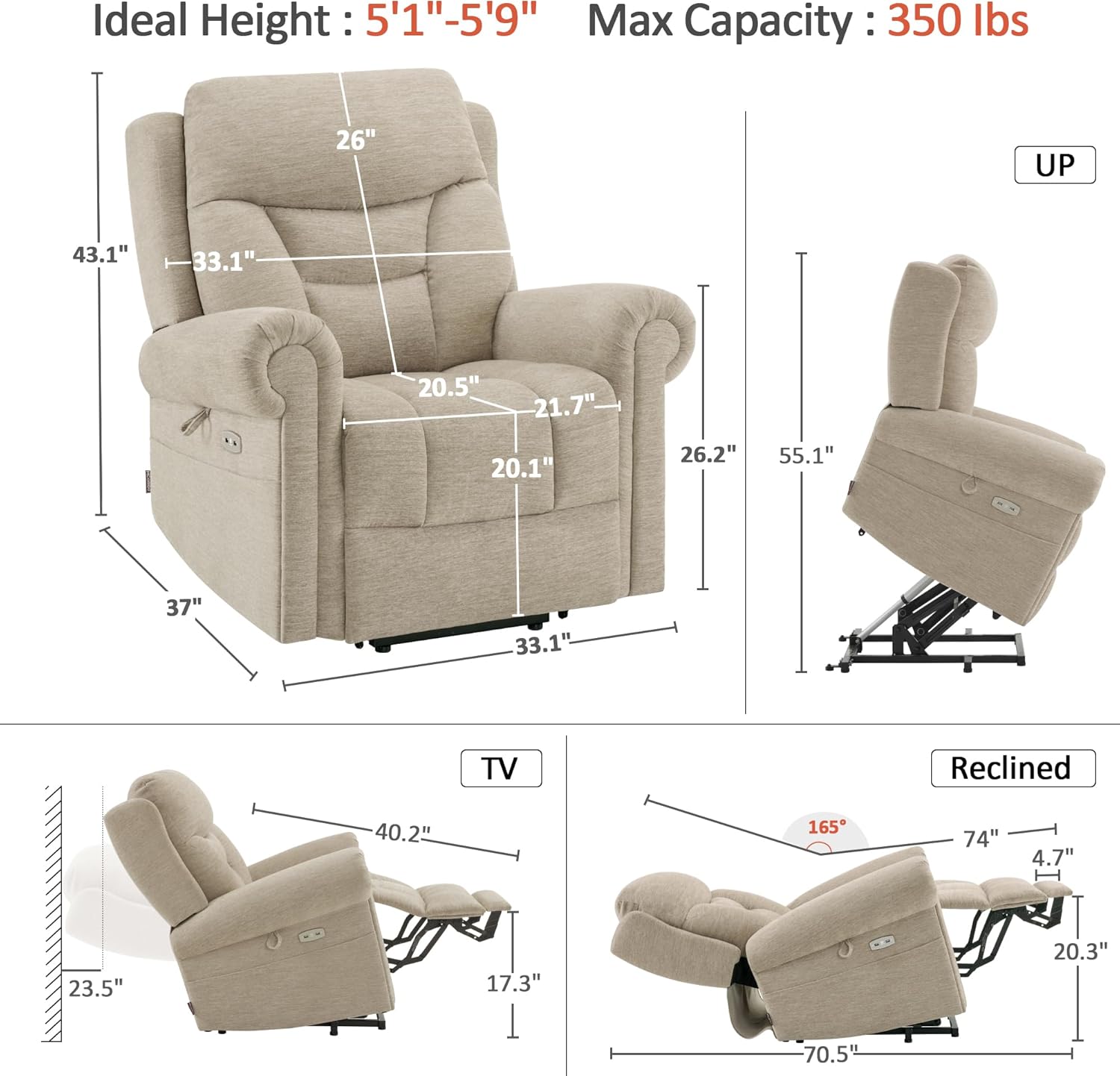 MCombo Triple Motor Power Lift Recliner Chair with Massage and Lumbar&seat Heating, Rolled Arms, Adjustable Headrest for Elderly People, Fabric 7888 (Beige, Medium)