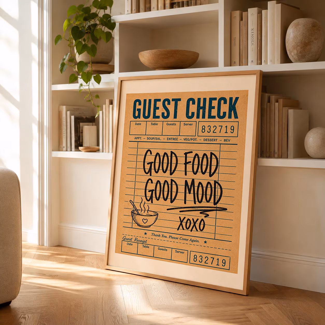 Good Food Good Mood Poster, Guest Check Print, Retro Kitchen Wall Art, Foodie Decor, Dining Room Art (Digital Download)