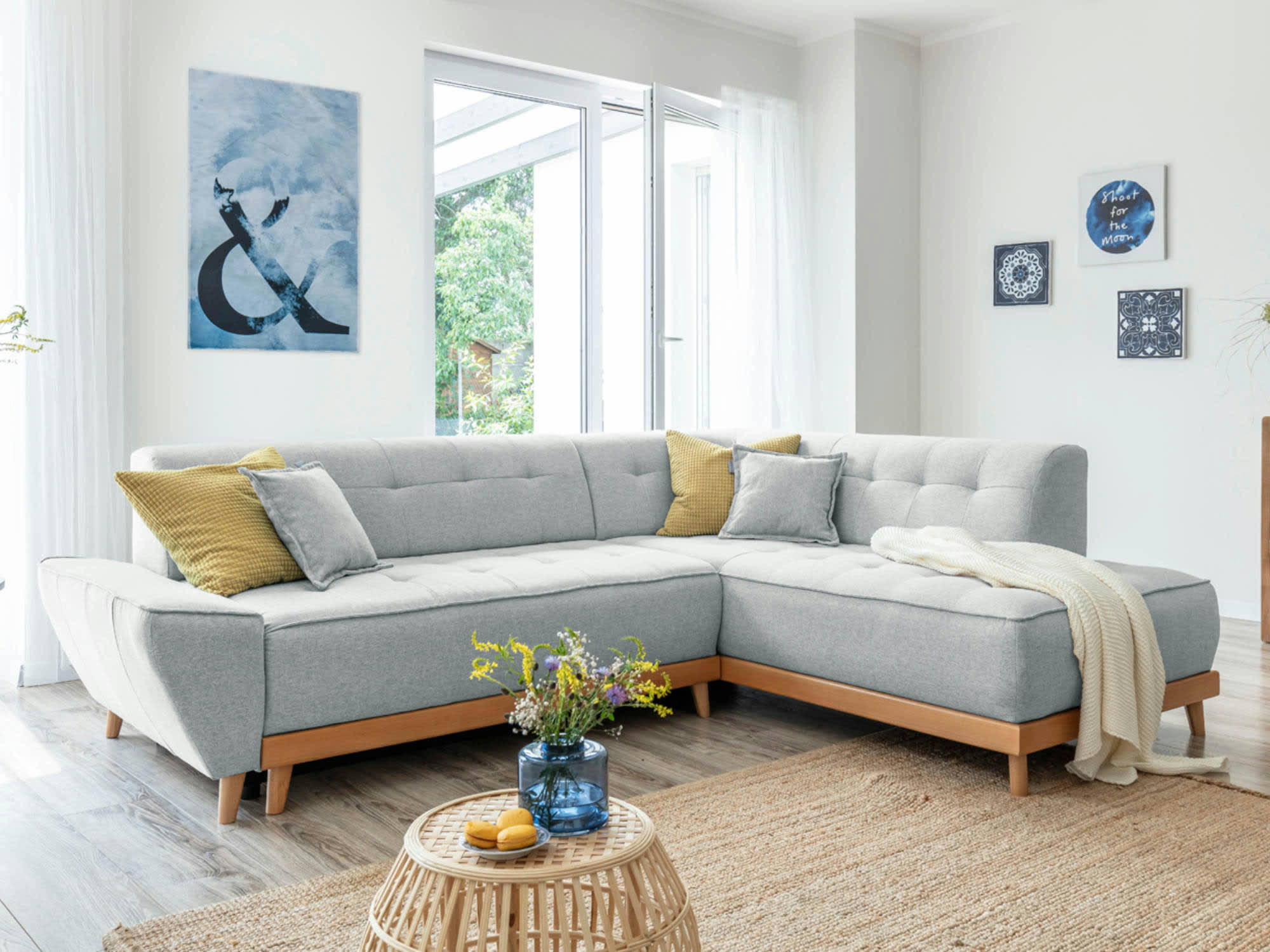 DAISY - Canapé d'angle droit convertible 5 places en tissu gris clair