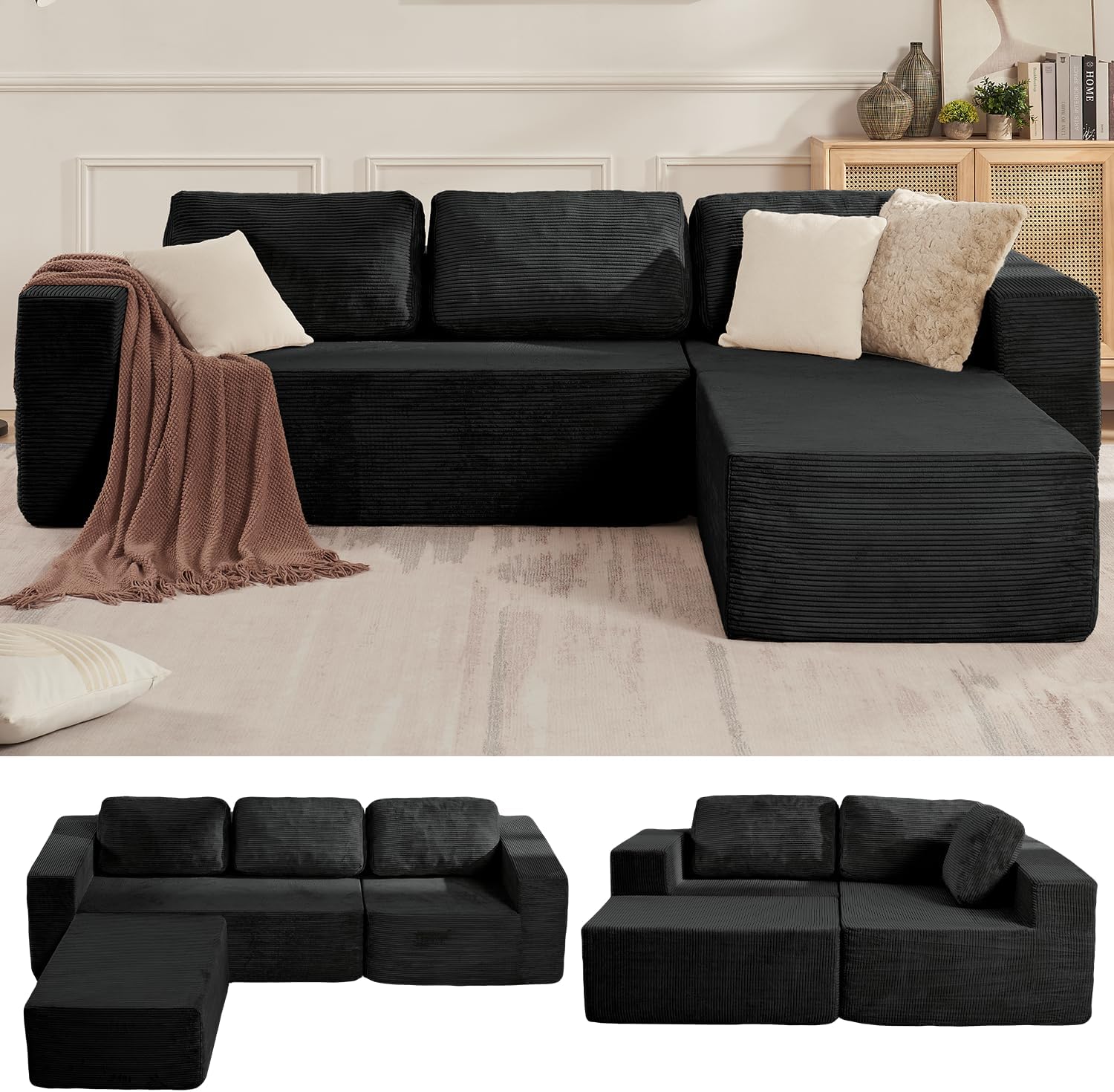 106 Cloud Sectional Couch, Left/Right Facing Convertible Sofa with Deep Seat, L-Shape Modular Upholstered Foam Couch for Living Room Bedroom, No Assembly Required (Corduroy Fabric, Black)