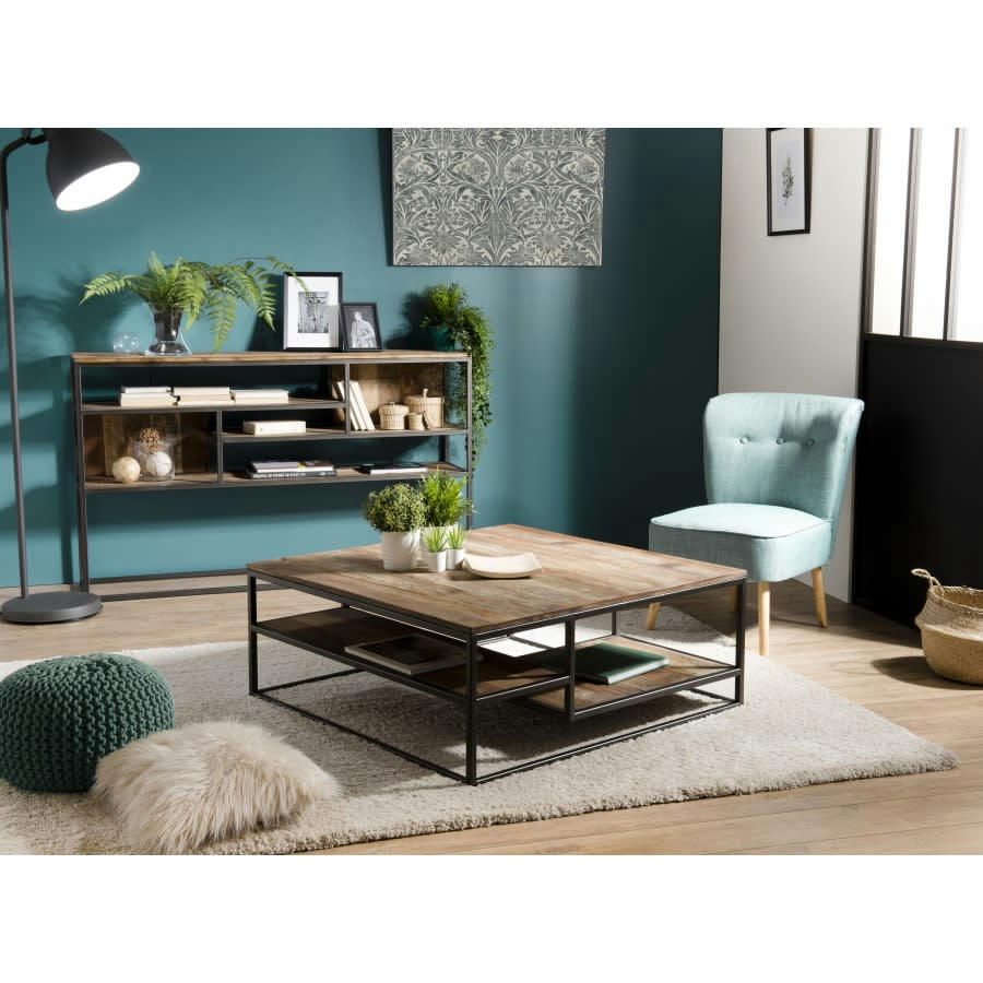 ALIDA - Table basse carrée en teck recyclé acacia mahogany métal noir L100
