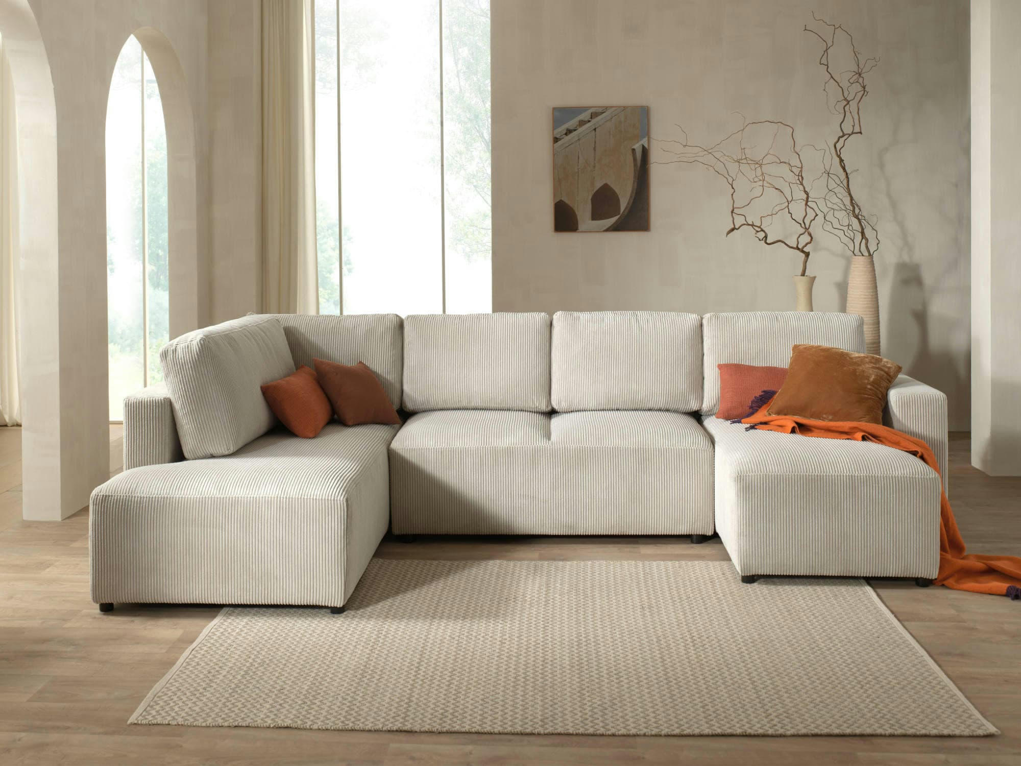 LIVY - Canapé panoramique 7 places angle gauche en velours côtelé beige