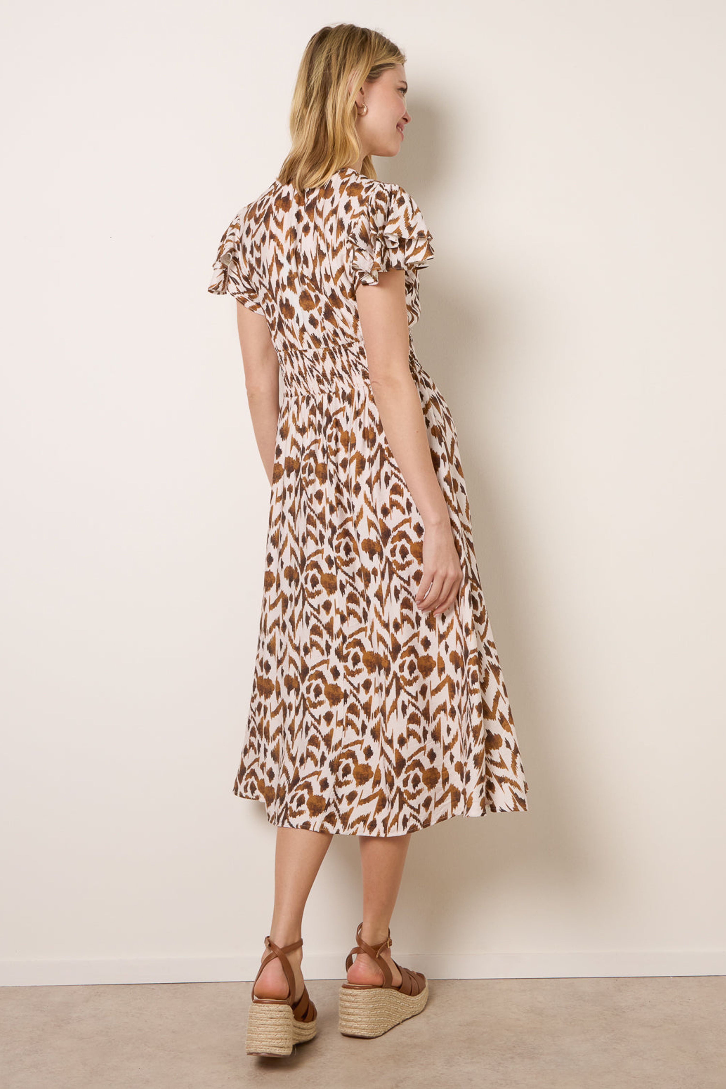 Blue Vanilla Light Brown Printed V Neck Frill Sleeve Midi Dress