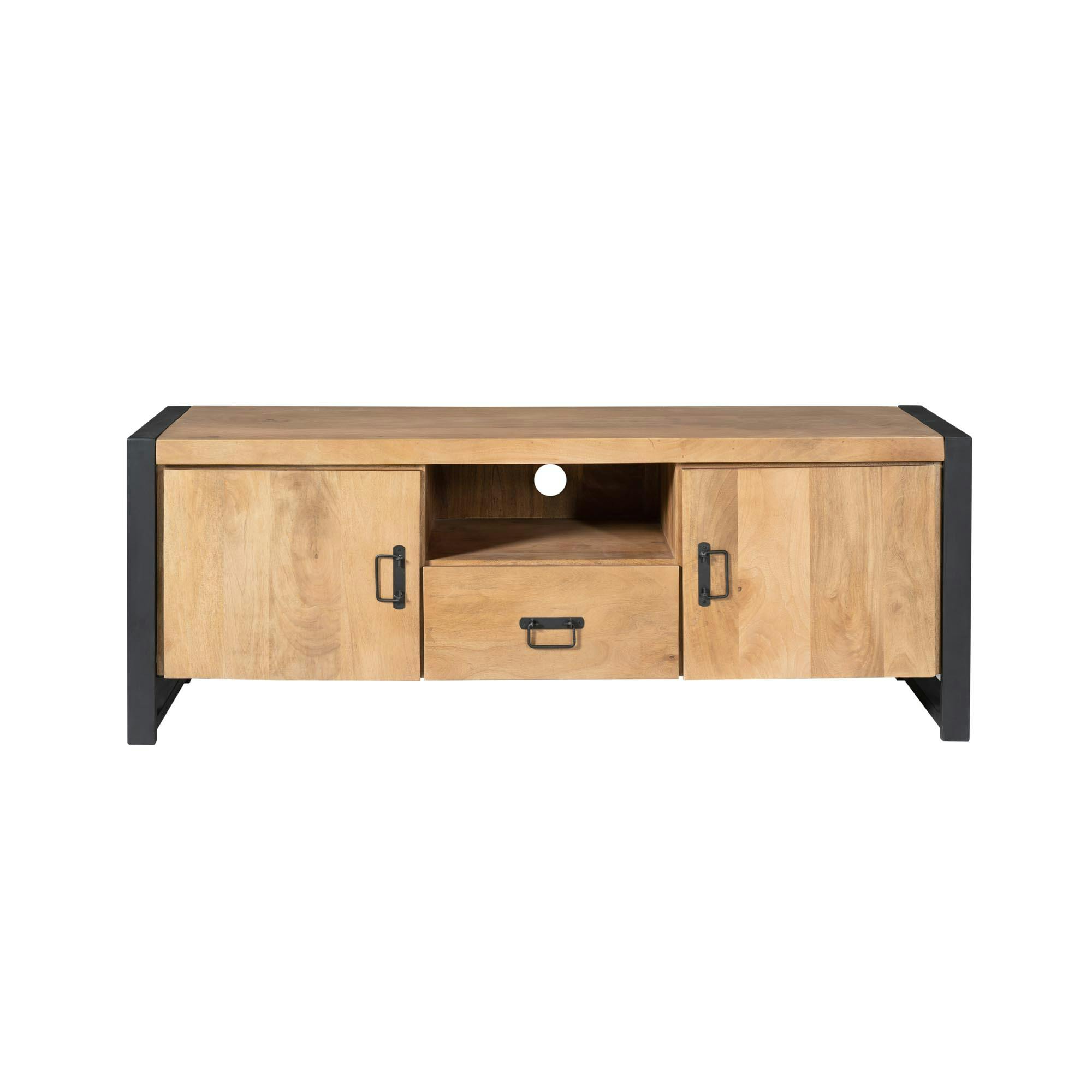 Meuble TV bois clair et métal noir 2 portes MILORA