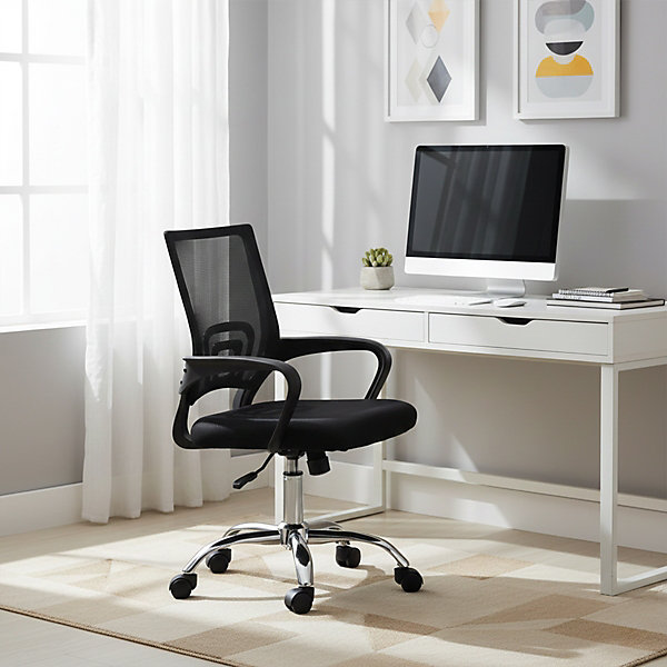 Chaise de bureau noire avec dossier et accoudoirs en maille, roulettes en métal - Longueur 49 x Hauteur 92 x Profondeur 50 cm