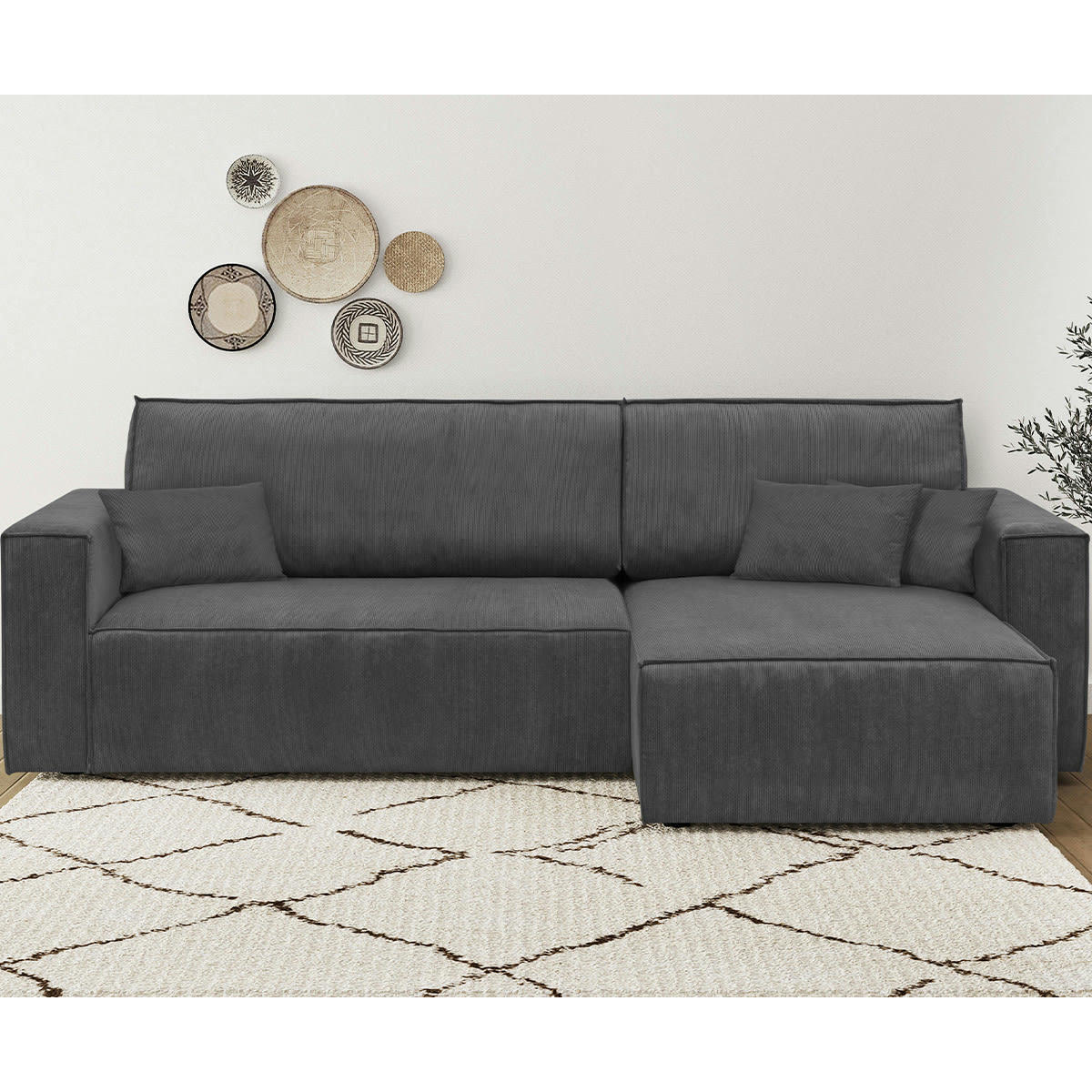 LIVIA NEW - Canapé d'angle convertible 4 places en velours fines côtes anthracite